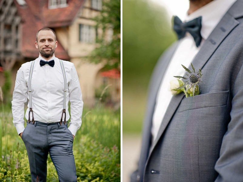 Details Hochzeitsanzug in graublau für einen Bräutigam