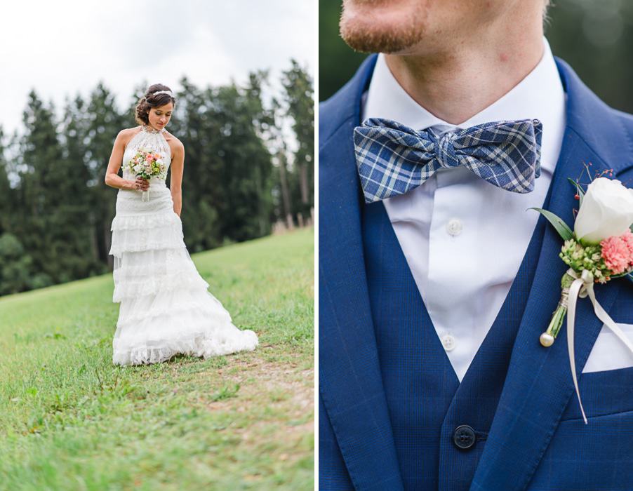 Bräutigam mit blauer Fliege bei einer Boho-Gypsy-Hochzeit