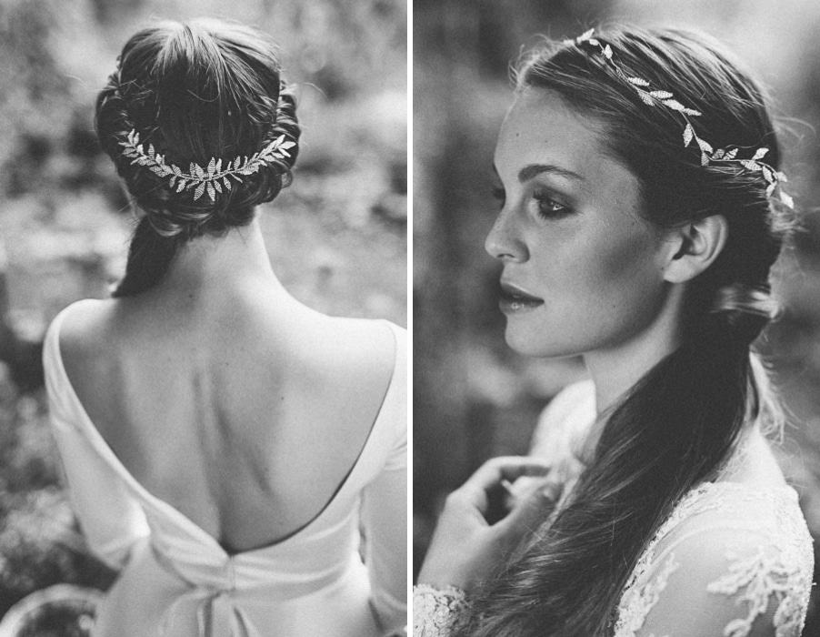 Brautfrisur für lange Haare, offen oder zum Hochstecken, mit edlen Haarschmuck-Accessoires aus Perlen und Blüten von Blackbirdspearl - bei elfenkleid in München