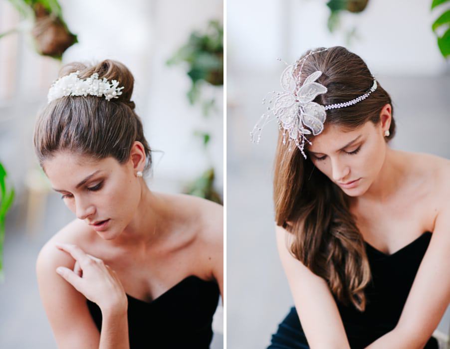 Brautfrisur für lange Haare, offen oder zum Hochstecken, mit edlen Haarschmuck-Accessoires aus Perlen und Blüten von Patricia Vincent aus Wien