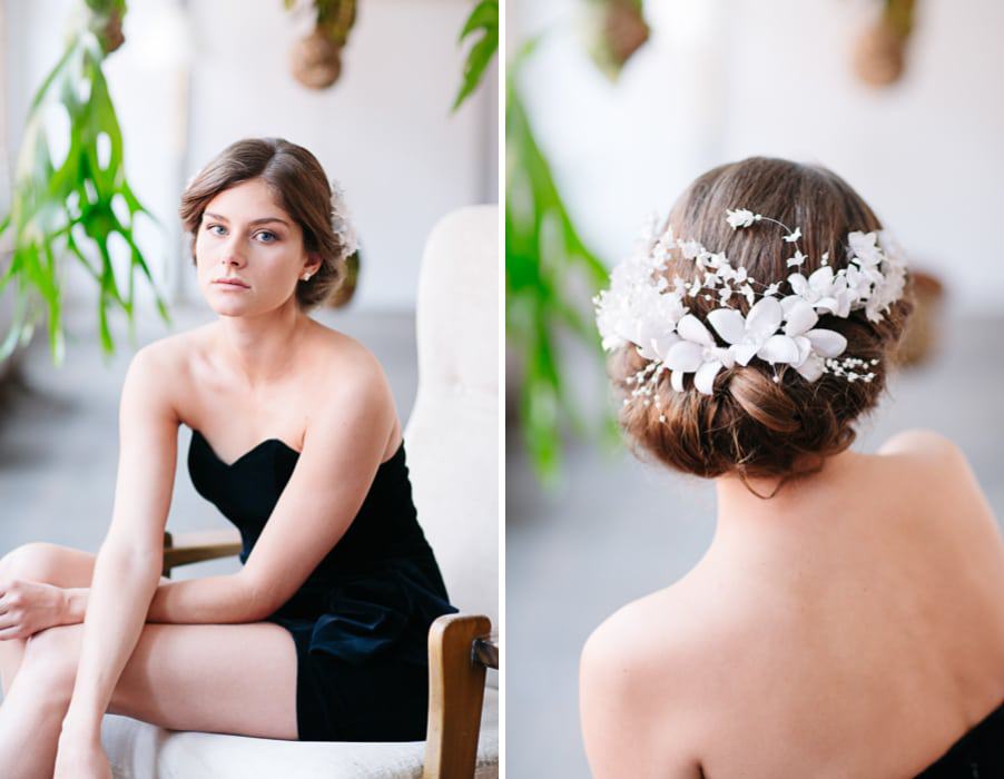 Brautfrisur für lange Haare, offen oder zum Hochstecken, mit edlen Haarschmuck-Accessoires aus Perlen und Blüten von Patricia Vincent aus Wien