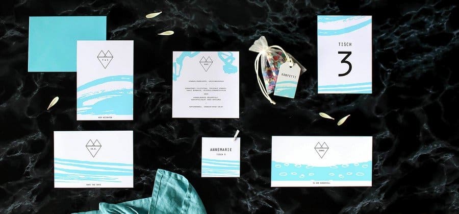 Papeterieset für eure Hochzeit im grafischen Stil mit Türkis und Weiß