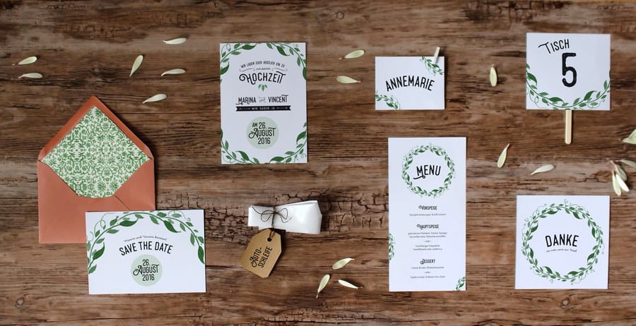 Papeterieset für eure Hochzeit im Boho-Stil mit Natur und viel Grün