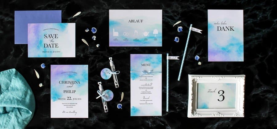 Papeterieset für eure Hochzeit im modernen Stil in Türkis und Hellblau