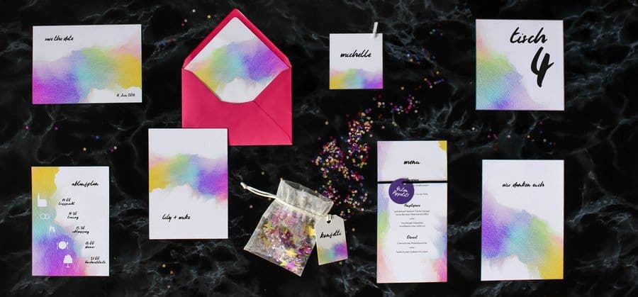 Papeterieset für eure Hochzeit im modernen Stil im Wasserfarben-Design mit Pastellfarben