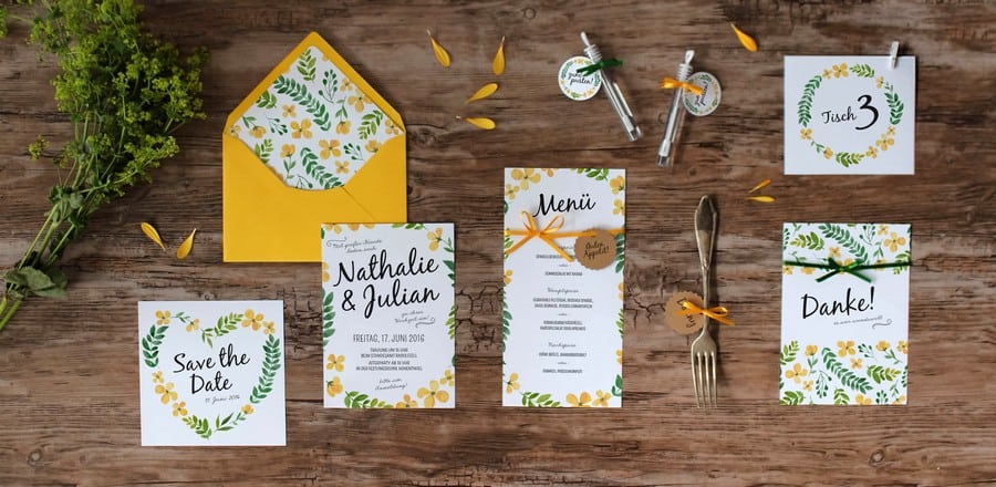 Papeterieset für eure Hochzeit im Boho-oder Vintage Stil im Wasserfarbendesign mit Pastellfarben in Gelb und Grün