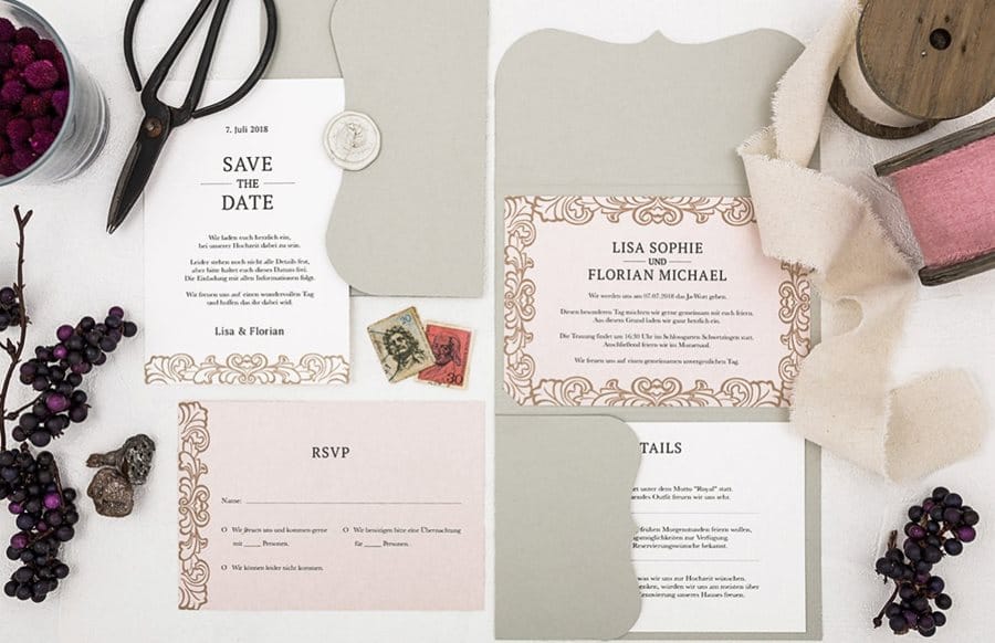 Vintage Hochzeitseinladungen und Dankeskarten von Denise Perrine Design Papeterie